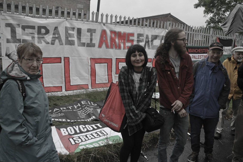 Sherrl protesting at the Elbit arms factory in 2015 (Photo: Steve Eason)
